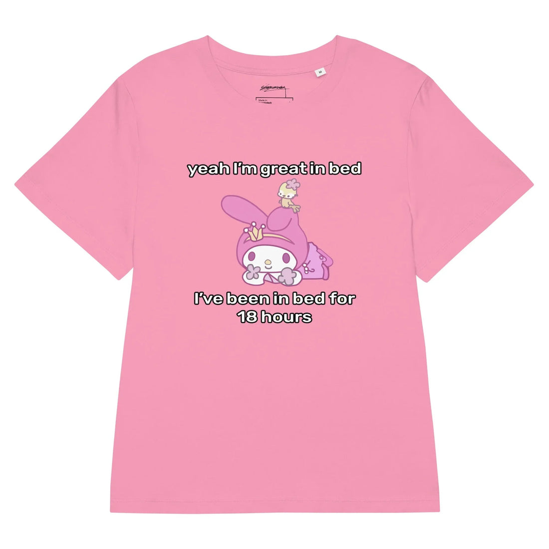 A bright bubblegum pink backdrop features a kawaii white rabbit wearing a magenta orchid hood over its floppy ears. Contact us with accessibility feedback, we'd love to help!
