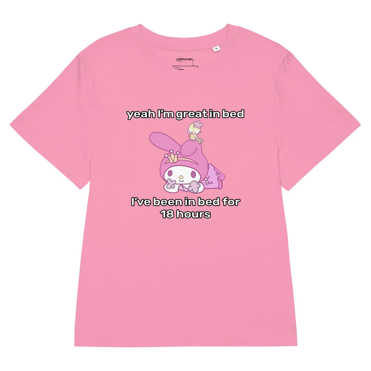 A bright bubblegum pink backdrop features a kawaii white rabbit wearing a magenta orchid hood over its floppy ears. Contact us with accessibility feedback, we'd love to help!