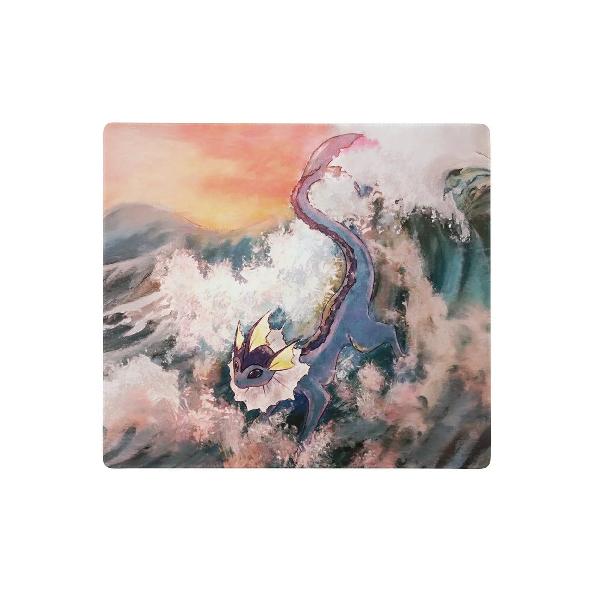 Great Wave Desk Mats - The iconic curling crest of the Hokusai wave in deep teal (#30666F) and dark indigos combined with the unmistakable silhouette of the slate blue (#6A73A4) aquatic creature, particularly its fin-like ears and distinct white neck frill.