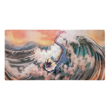Rendered in a painterly, Japanese woodblock-inspired style, a massive oceanic swell crests in strokes of deep teal and dark indigo. Contact us with accessibility feedback, we'd love to help!
