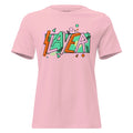 Hardcore 80s Women's Tee in Vintage Seafoam & Pastel Pop. OEKO-TEX® 100, WRAP Certified (Platinum), Fair Labor Association.