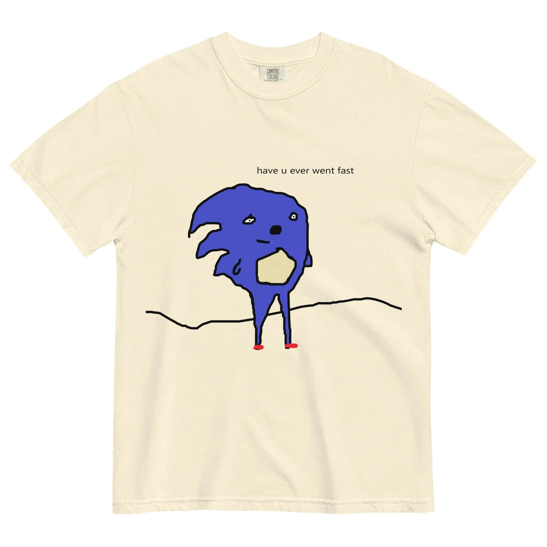 Centered on a clean white background, a distorted digital cobalt creature parodies a famous video game speedster with a deliberately crude "MS Paint" aesthetic. Contact us with accessibility feedback, we'd love to help!