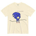 Have u evr went fast T-Shirt - The distorted #2936A3 cobalt figure with stick-figure anatomy, #EEDC9A beige torso patch, and #CC1A1A red shoes, paired with the grammatically incorrect 