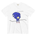 Centered on a clean white background, a distorted digital cobalt creature parodies a famous video game speedster with a deliberately crude 