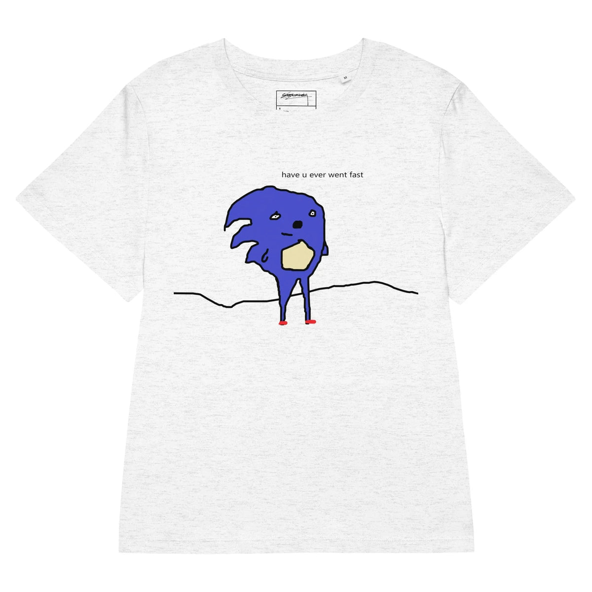 Have u evr went fast Women's Tee - The crudely drawn cobalt blue (#3F48CC) figure with misshapen spikes and red blob shoes (#ED1C24) paired with the gramatically incorrect text.