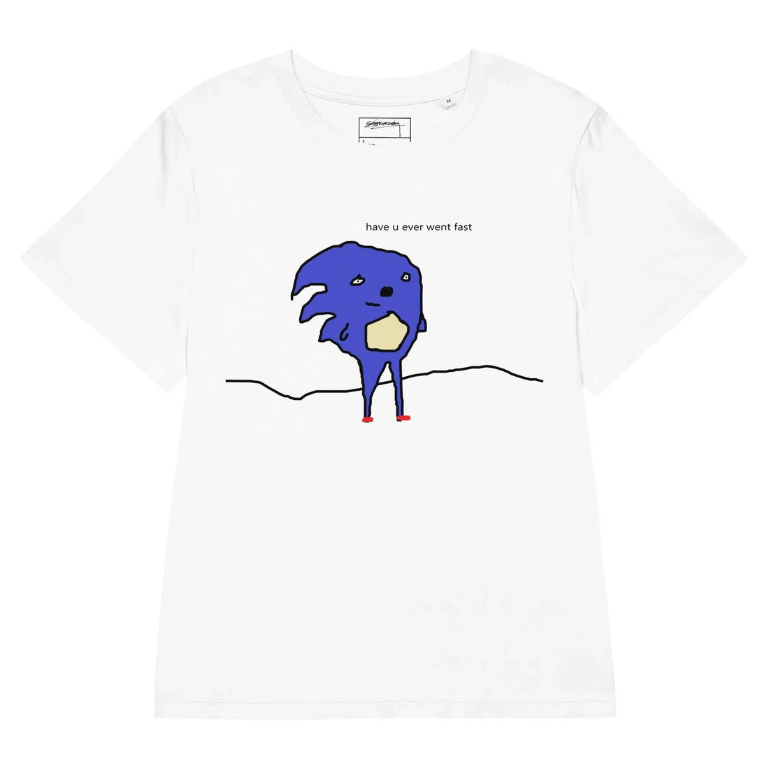 A stark white base highlights a crudely sketched, anthropomorphic hedgehog rendered in an intentionally wobbly "bad art" aesthetic (reminiscent of mouse-drawn internet memes). Contact us with accessibility feedback, we'd love to help!