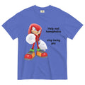 Important PSA T-Shirt - The crimson anthropomorphic echidna (#D02028) in an assertive stance, pointing its stark white (#FFFFFF) spiked boxing glove directly at the viewer, juxtaposed with the nonsensical two-part caption in jet black (#000000) jagged sans-serif font: 