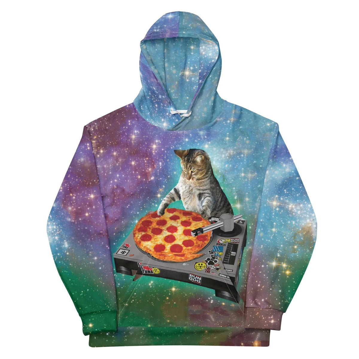 This surrealist design fuses cosmic imagery and internet humor against a starfield gradient fading from celestial violet and royal purple to emerald galaxy green. Contact us with accessibility feedback, we'd love to help!