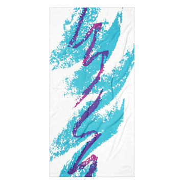 This beach towel showcases a classic 90s aesthetic with bold, abstract graphics on a crisp white background. Contact us with accessibility feedback, we'd love to help!