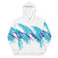 A paper white hoodie explodes with massive 90s nostalgia—electric turquoise swooshes across the chest in a dry-brush texture (think disposable cup jazz), while frenetic berry purple zigzags dance overtop. Contact us with accessibility feedback, we'd love to help!