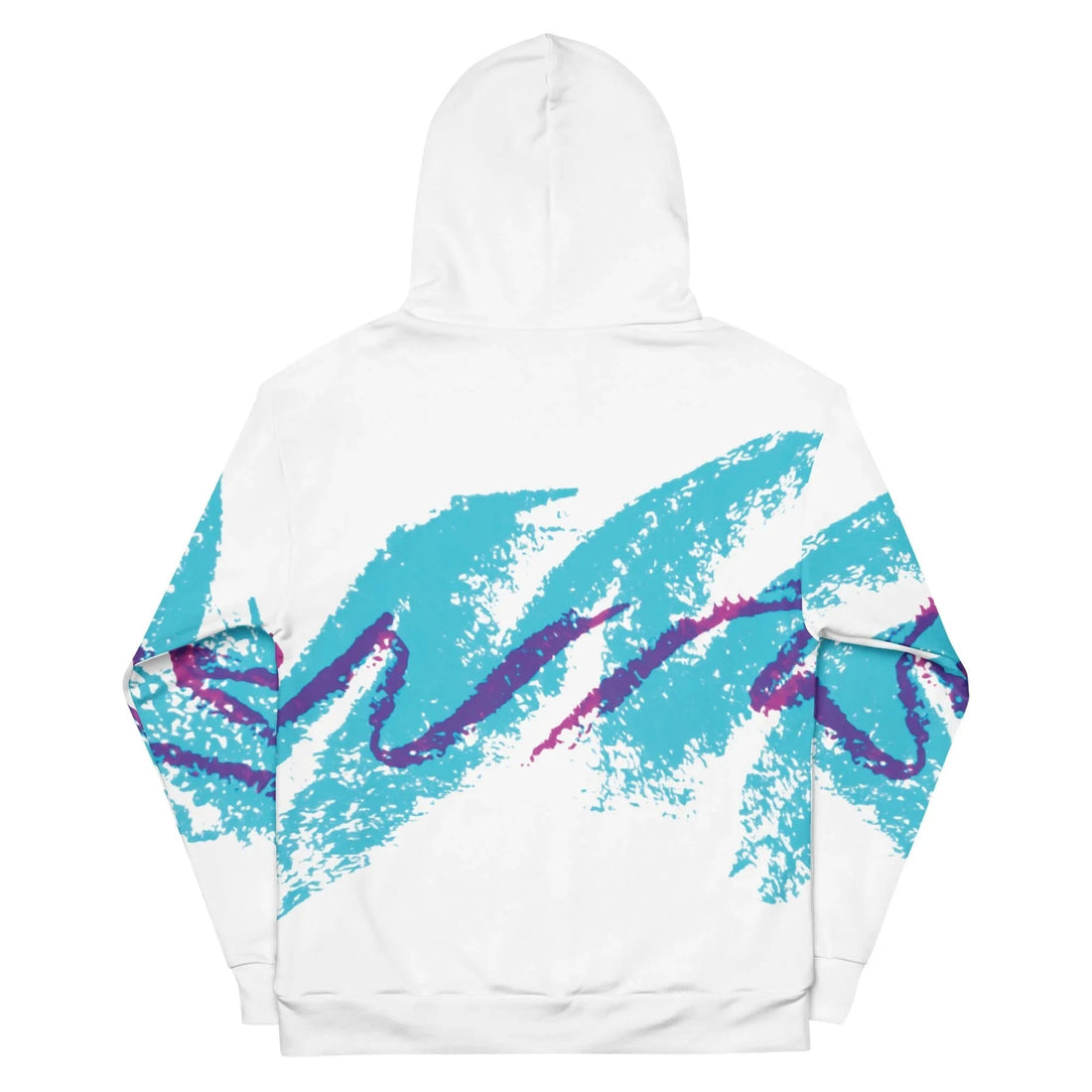 A paper white hoodie explodes with massive 90s nostalgia—electric turquoise swooshes across the chest in a dry-brush texture (think disposable cup jazz), while frenetic berry purple zigzags dance overtop. Contact us with accessibility feedback, we'd love to help!