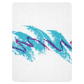 A crisp white throw blanket showcases the iconic 90s disposable cup design—a broad electric cyan-turquoise brushstroke with rough, splattered edges beneath a chaotic berry purple zigzag scribble. Contact us with accessibility feedback, we'd love to help!