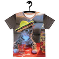 Framed by shadowy espresso taupe, a photorealistic grey tabby cat sits upright at a table surface of fiery salsa red. Contact us with accessibility feedback, we'd love to help!