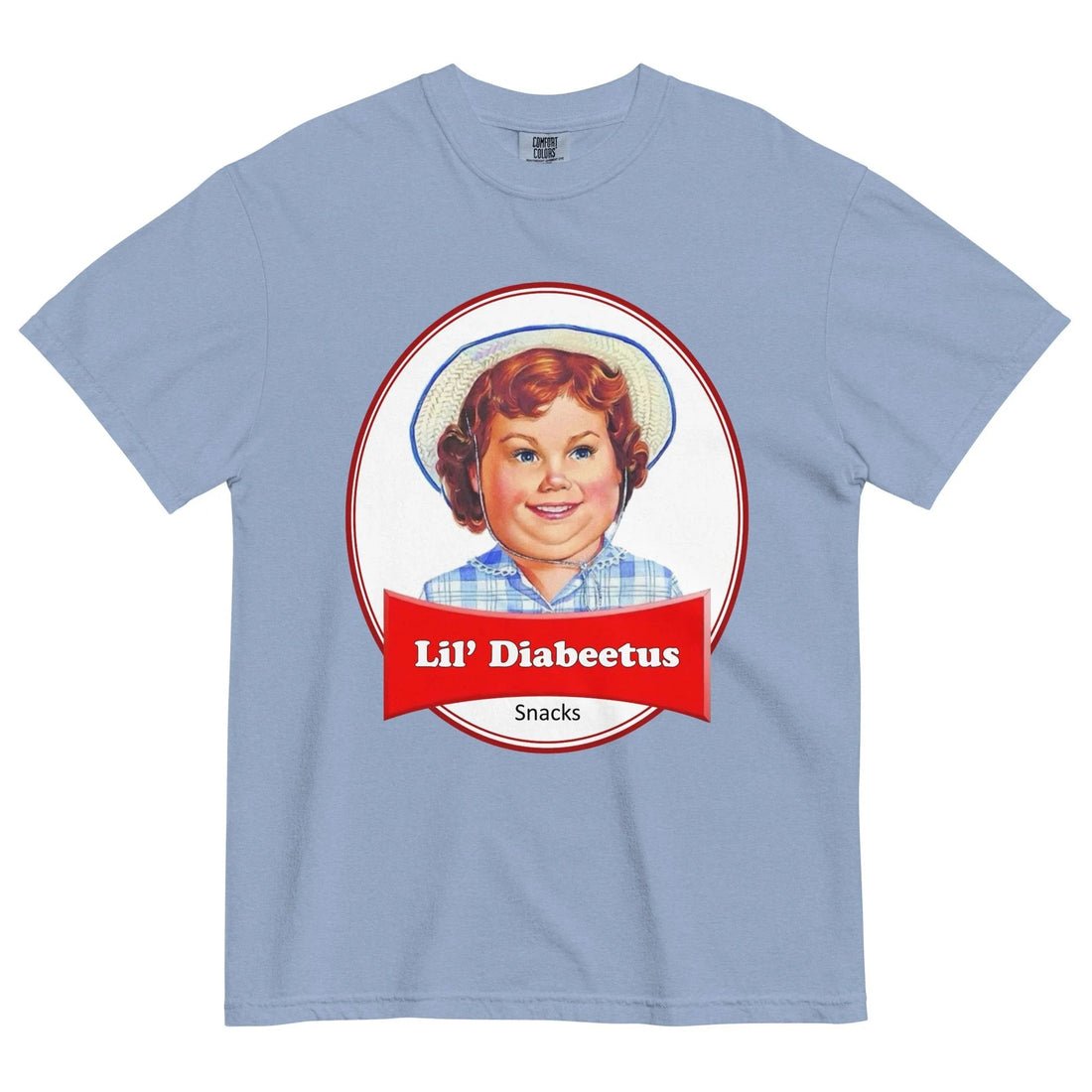 A dusty periwinkle blue backdrop hosts a satirical graphic parodying a nostalgic snack cake logo. Contact us with accessibility feedback, we'd love to help!