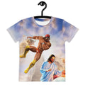 Set against celestial azure and fluffy clouds, a hyper-muscular 1980s grappling icon (clad in star-accented red trunks and marigold boots) executes a flying elbow drop from the heavens. Contact us with accessibility feedback, we'd love to help!
