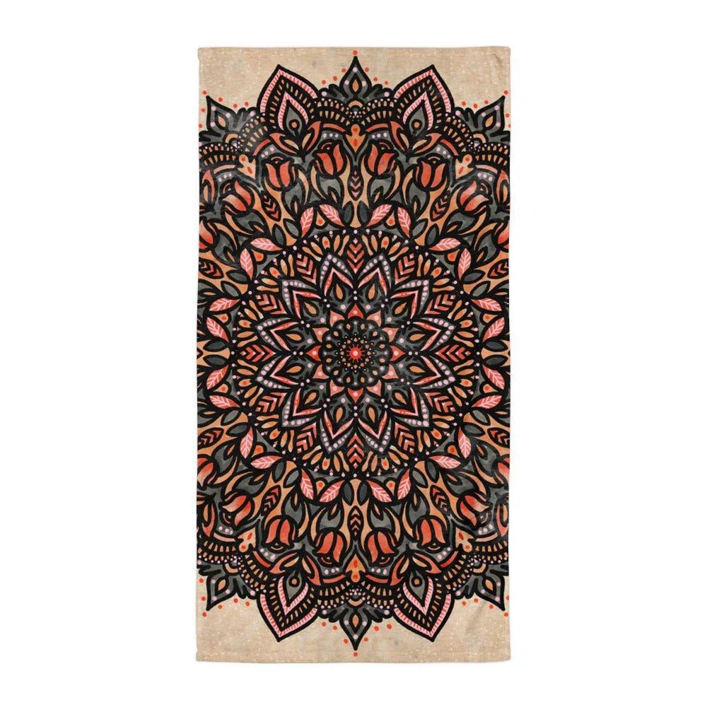 Mandala Beach Towel in Earthy Bohemian Slate. REACH Compliant, Zero-Wastewater Printing, Made-to-Order (Zero Overproduction).