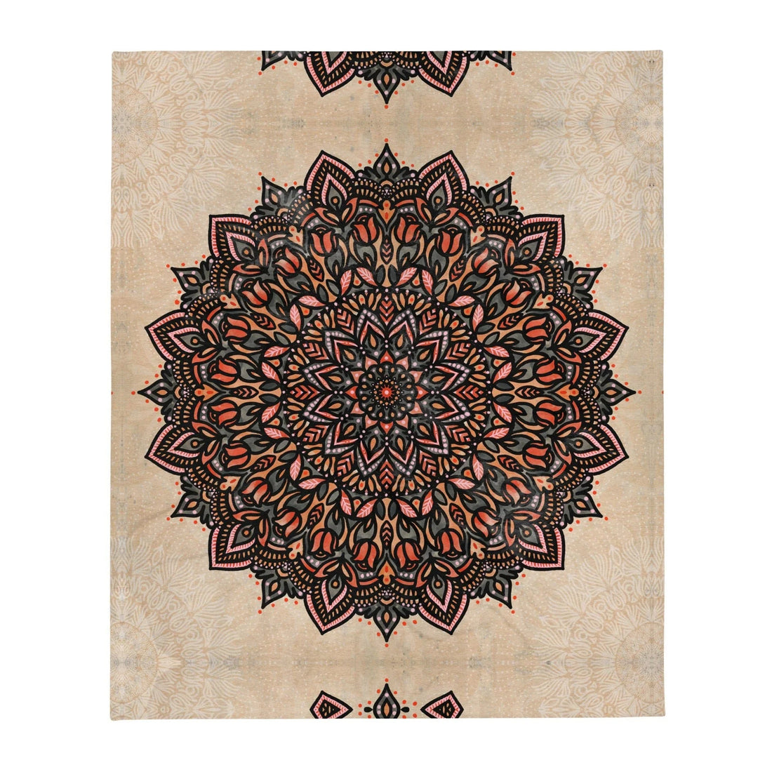 A massive, intricate mandala medallion anchors the design, blooming with stylized tulip petals and teardrop flourishes in perfect radial symmetry. Contact us with accessibility feedback, we'd love to help!
