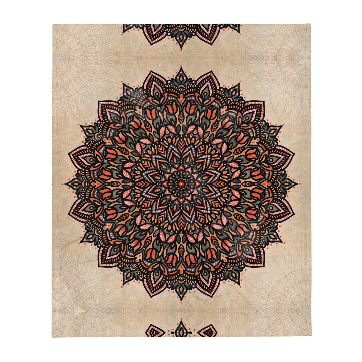A massive, intricate mandala medallion anchors the design, blooming with stylized tulip petals and teardrop flourishes in perfect radial symmetry. Contact us with accessibility feedback, we'd love to help!