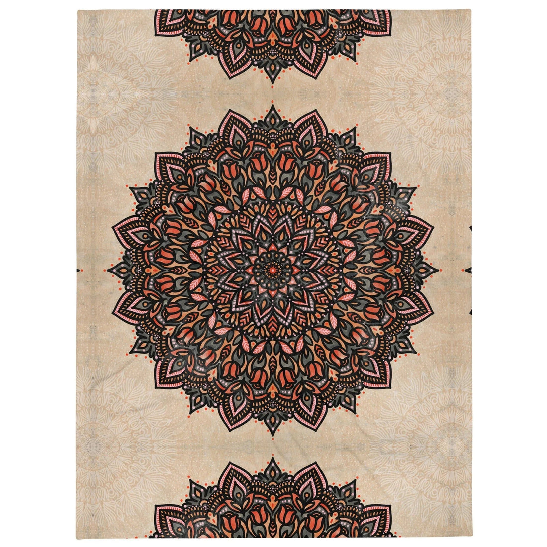 A massive, intricate mandala medallion anchors the design, blooming with stylized tulip petals and teardrop flourishes in perfect radial symmetry. Contact us with accessibility feedback, we'd love to help!