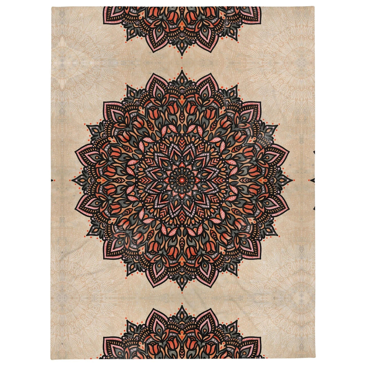 Mandala Plush Blanket - The massive, perfect radial symmetry of the central medallion anchored by deep charcoal onyx (#292929) linework against the sandy parchment field (#DBC2A0).