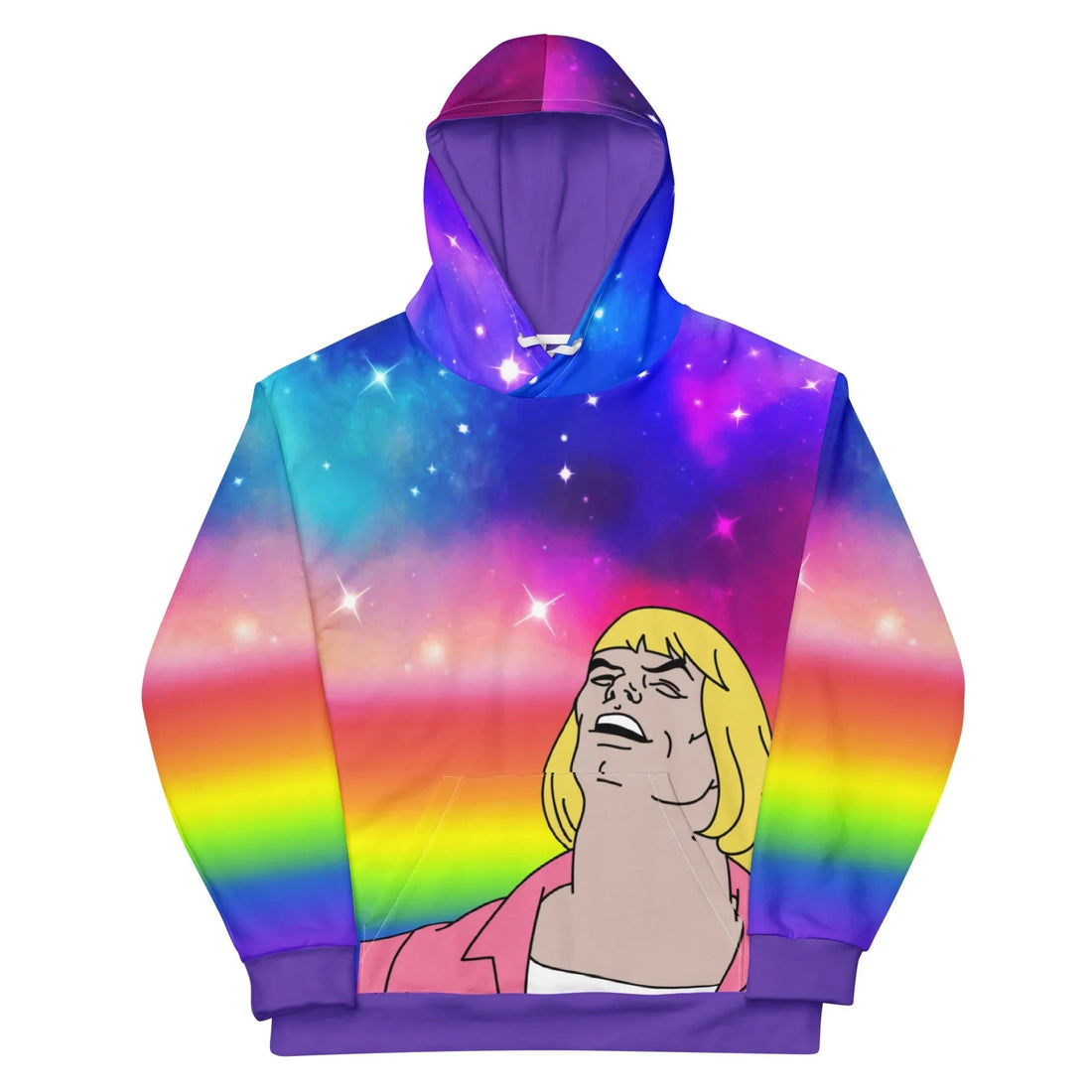 An electric fusion of interstellar imagery and viral internet nostalgia highlights a muscular retro 1980s animated hero (golden pageboy hair, soft pink open shirt) throwing his head back in ecstatic singing. Contact us with accessibility feedback, we'd love to help!