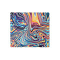 Metallic Flow Desk Mats - The simulation of heat-anodized titanium gradients, specifically where the deep midnight indigo (#18084A) bleeds into electric cyan (#00E5FF) currents, mimicking the chaotic sheen of spilled gasoline on wet pavement