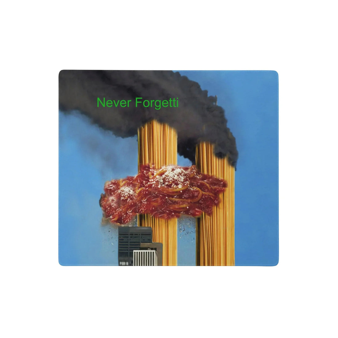 Set against a vivid cerulean sky blue, this surreal design depicts architectural monoliths of uncooked golden wheat pasta struck by a chaotic mass of spaghetti and meatballs. Contact us with accessibility feedback, we'd love to help!