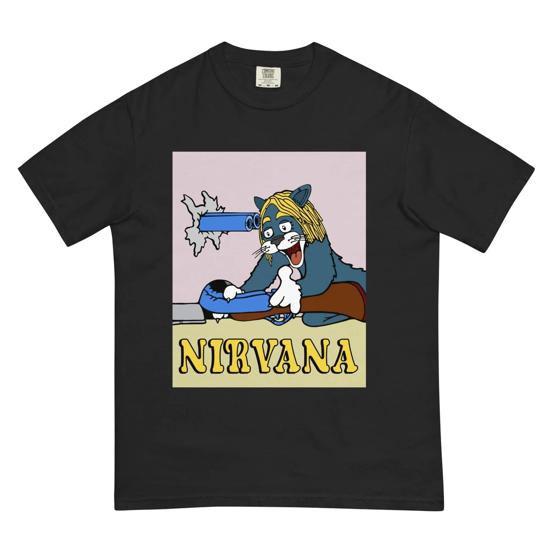 A midnight black tee showcases a cel-shaded slate blue cartoon cat (white paws, shocked expression) wearing a shaggy blonde grunge wig. Contact us with accessibility feedback, we'd love to help!
