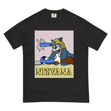 A midnight black tee showcases a cel-shaded slate blue cartoon cat (white paws, shocked expression) wearing a shaggy blonde grunge wig. Contact us with accessibility feedback, we'd love to help!