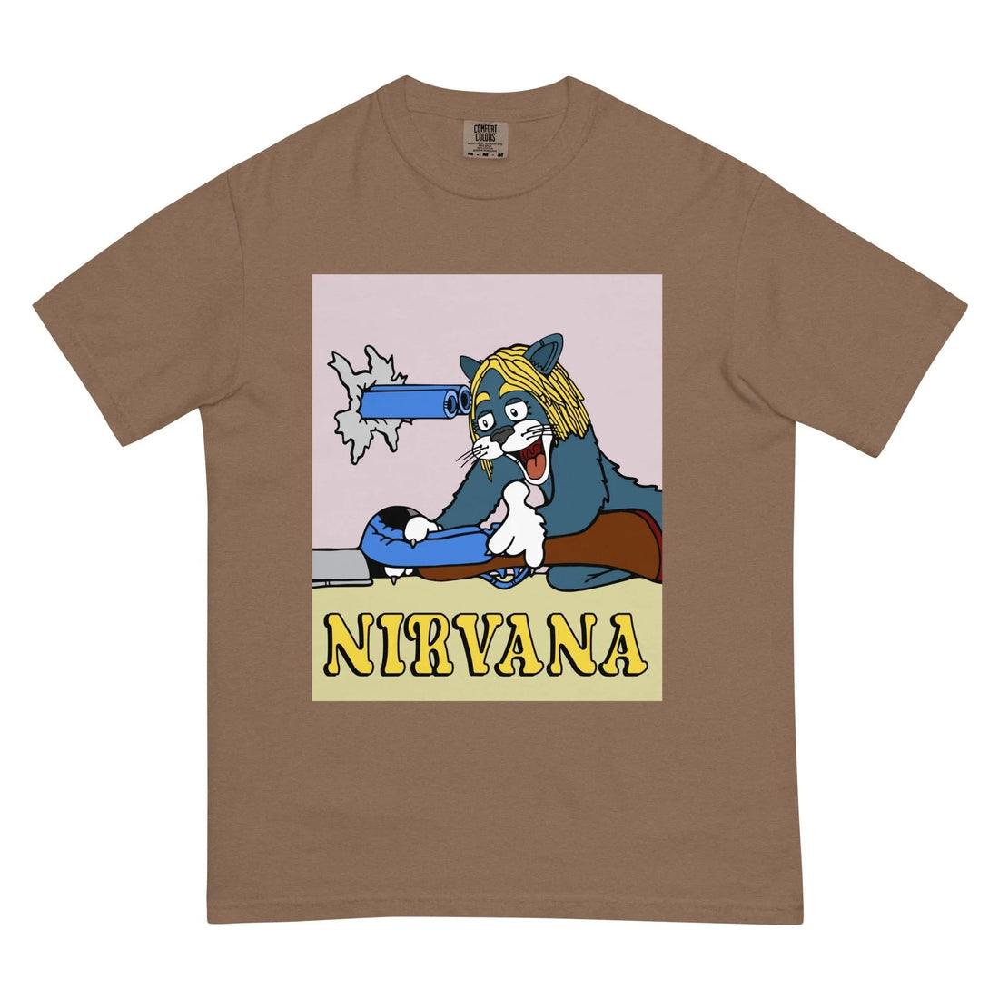 A midnight black tee showcases a cel-shaded slate blue cartoon cat (white paws, shocked expression) wearing a shaggy blonde grunge wig. Contact us with accessibility feedback, we'd love to help!