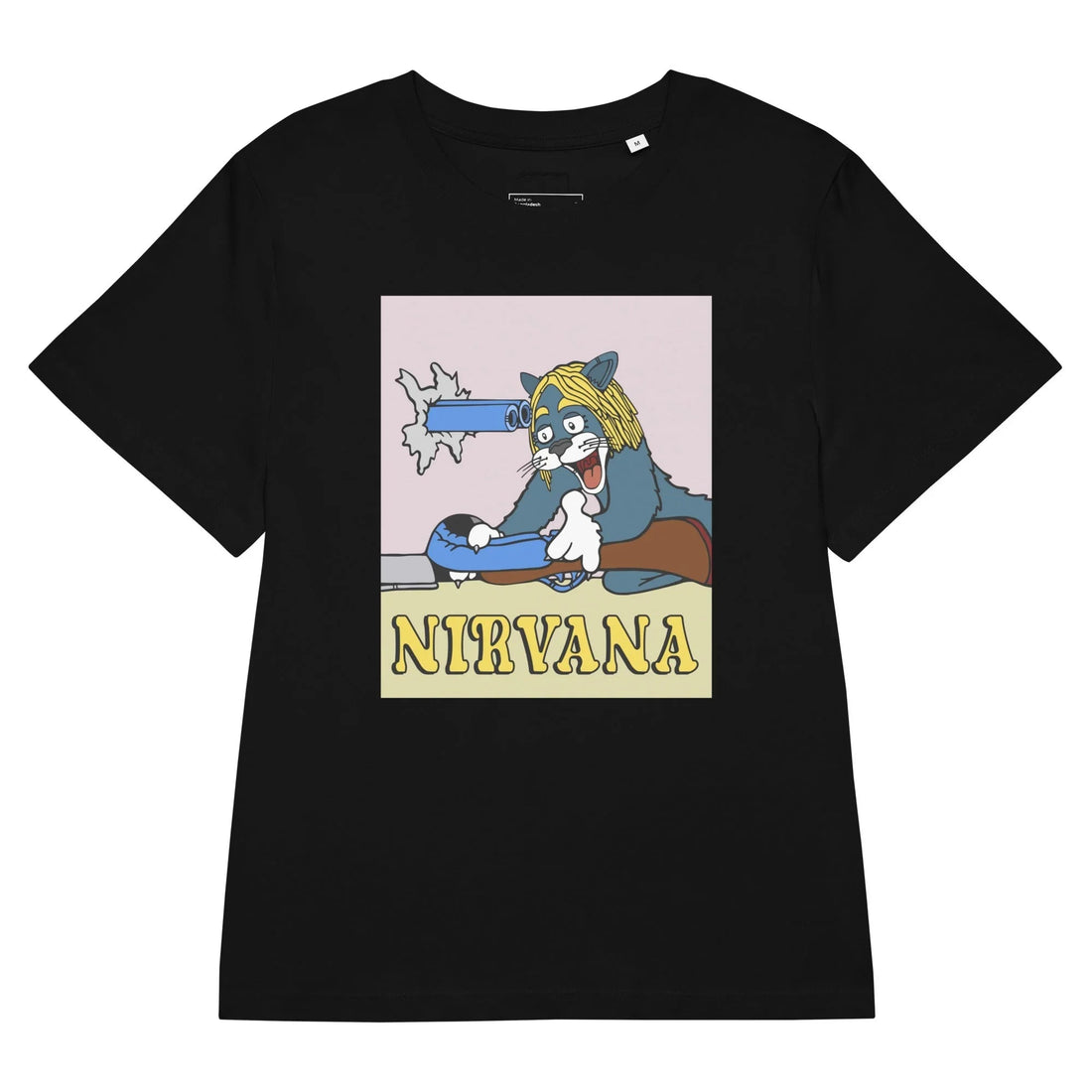 A slate-blue cartoon cat sporting a shaggy blonde grunge wig stares manically as a shotgun barrel loops through a jagged hole in the wall to point directly between its eyes. Contact us with accessibility feedback, we'd love to help!