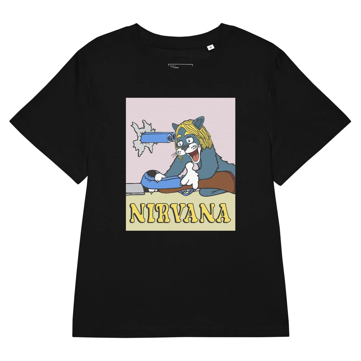A slate-blue cartoon cat sporting a shaggy blonde grunge wig stares manically as a shotgun barrel loops through a jagged hole in the wall to point directly between its eyes. Contact us with accessibility feedback, we'd love to help!
