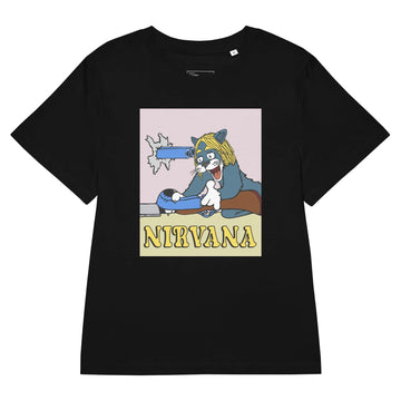 A slate-blue cartoon cat sporting a shaggy blonde grunge wig stares manically as a shotgun barrel loops through a jagged hole in the wall to point directly between its eyes. Contact us with accessibility feedback, we'd love to help!