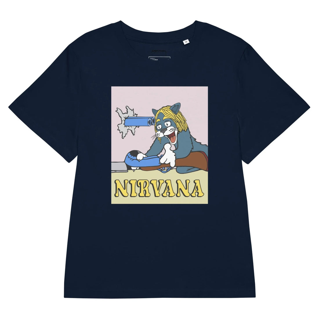 A slate-blue cartoon cat sporting a shaggy blonde grunge wig stares manically as a shotgun barrel loops through a jagged hole in the wall to point directly between its eyes. Contact us with accessibility feedback, we'd love to help!
