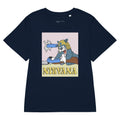 Nirvana Women's Tee - The juxtaposition of the slate grey feline (#5D6E85) wearing the iconic grunge gold wig (#F7D358), framed by the slapstick mechanics of the bent blue shotgun barrel (#3A5FCD).