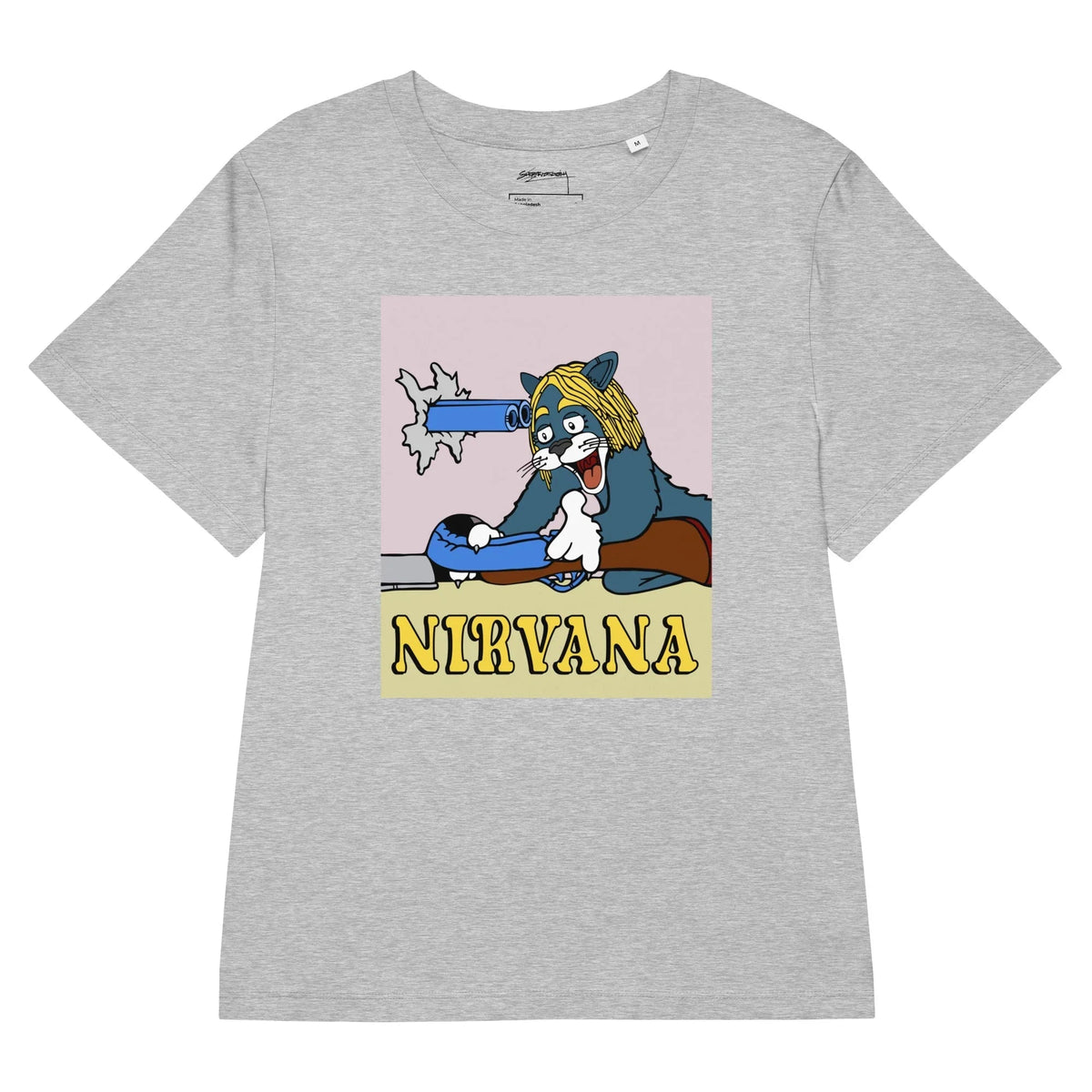 Nirvana Women's Tee in Obsidian Slate & Grunge Gold. GOTS Certified, OCS Certified, Eco-Certified Inks.