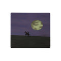 Opening Scene Desk Mats - The solitary silhouette of a pointed-cap hero on horseback galloping across a shadowy moss green (#2A2E24) ridge against a massive pale moonlight yellow (#DEDCA6) moon in a deep eggplant purple (#4F3D61) night sky, mimicking the iconic title loop of a genre-defining 1998 cartridge.