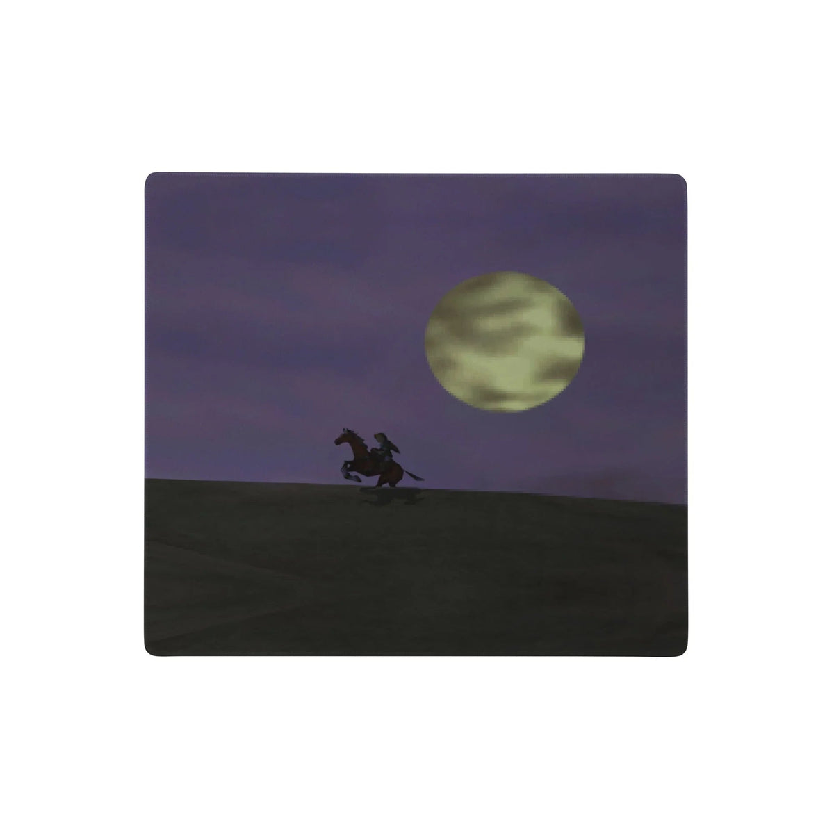 Opening Scene Desk Mats - The solitary silhouette of a pointed-cap hero on horseback galloping across a shadowy moss green (#2A2E24) ridge against a massive pale moonlight yellow (#DEDCA6) moon in a deep eggplant purple (#4F3D61) night sky, mimicking the iconic title loop of a genre-defining 1998 cartridge.