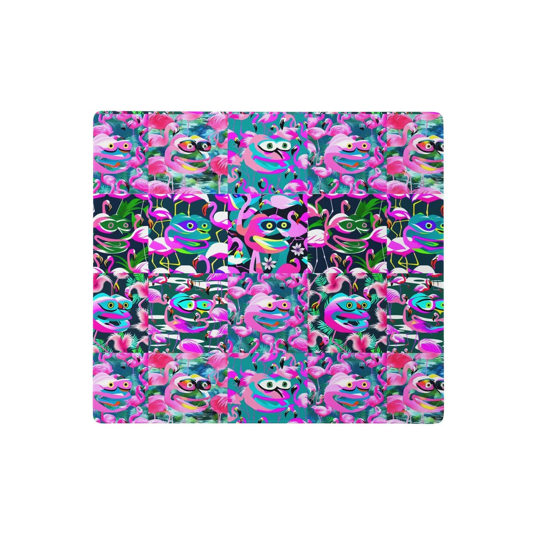 A psychedelic, surrealist patchwork blends tropical motifs with absurdist internet culture, featuring grotesque "frog-bird" hybrids (reminiscent of a sad meme frog) in radioactive lime and deep violet. Contact us with accessibility feedback, we'd love to help!