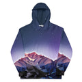 A jagged mountain range anchors the visual, executed in a striking 