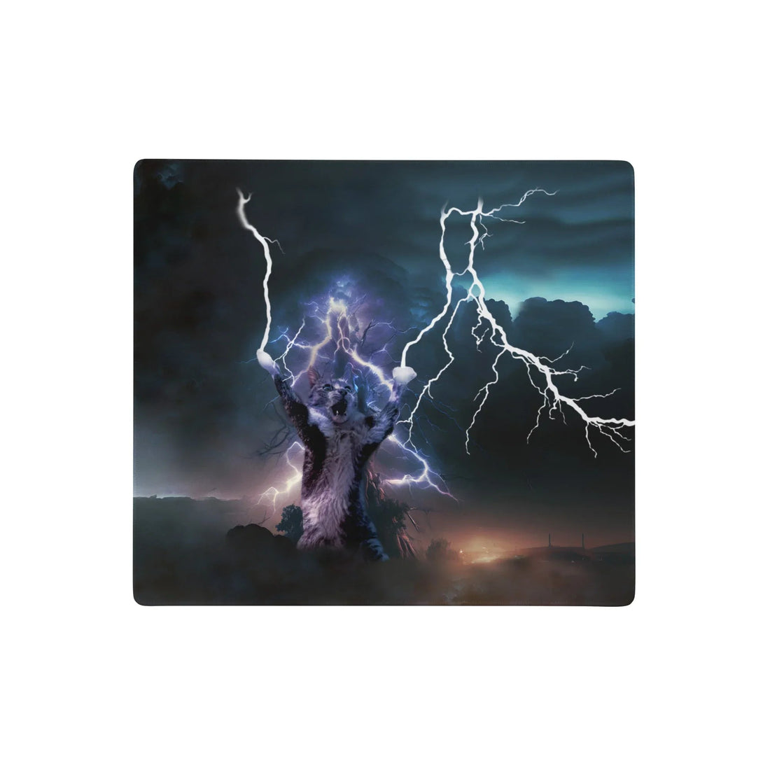A photorealistic slate grey tabby cat stands upright (mouth agape in a primal roar) to summon jagged bolts of energy in a surreal blend of meme culture and epic fantasy. Contact us with accessibility feedback, we'd love to help!