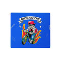 Ride or Die Desk Mats - The silhouette of the teal-vested rider in a red-and-white mesh cap, frantically pedaling a green bicycle against the electric cobalt (#2962FF) backdrop typical of late-90s broadcast animation title cards, accented by blazing canary yellow (#FFD700) flames and faint silver-grey (#E0E0E0) line art motifs.