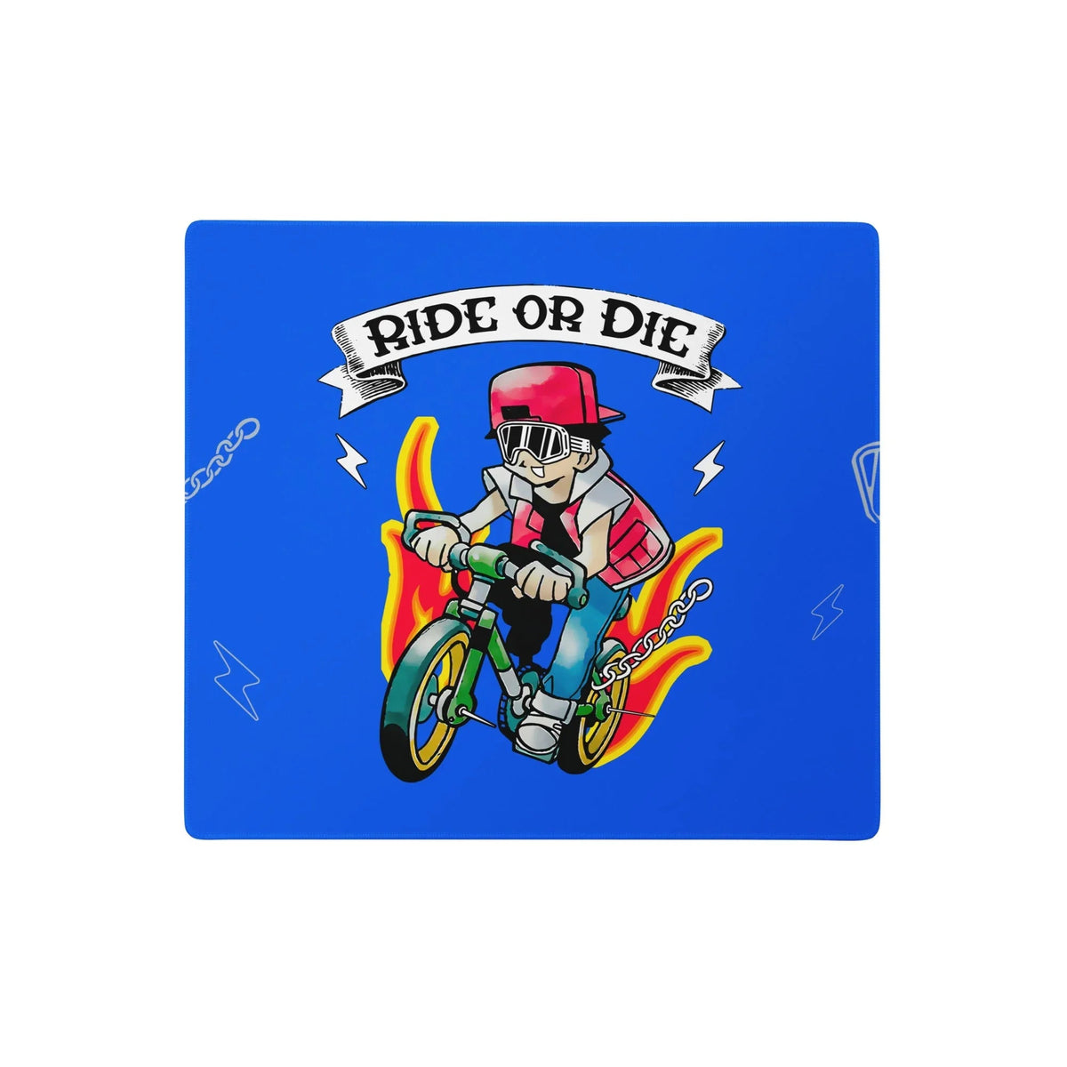Ride or Die Desk Mats - The silhouette of the teal-vested rider in a red-and-white mesh cap, frantically pedaling a green bicycle against the electric cobalt (#2962FF) backdrop typical of late-90s broadcast animation title cards, accented by blazing canary yellow (#FFD700) flames and faint silver-grey (#E0E0E0) line art motifs.