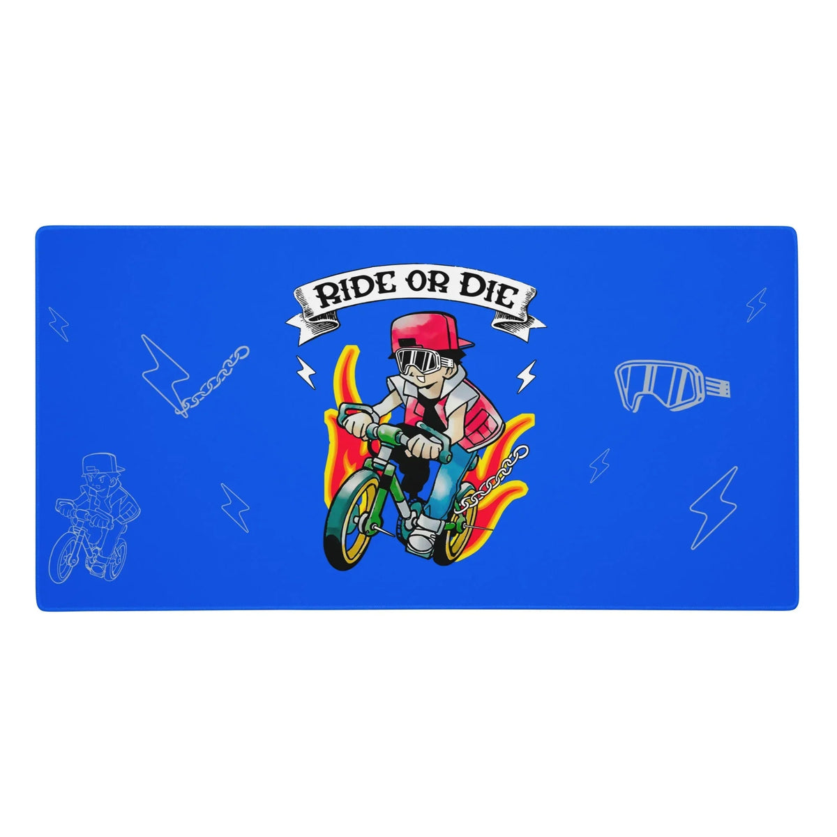 Set against vibrant electric cobalt, a nostalgic 90s anime adventurer pedals a green bicycle with intense determination. Contact us with accessibility feedback, we'd love to help!