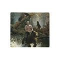 Siberian Prince Desk Mats - The specific juxtaposition of the shirtless, stoic rider in drab olive cargo pants (#5C4033) atop the charging grizzly bear, set against shadowy coniferous greens (#2F3A25) and frothy white water splashes (#F0F2F5).