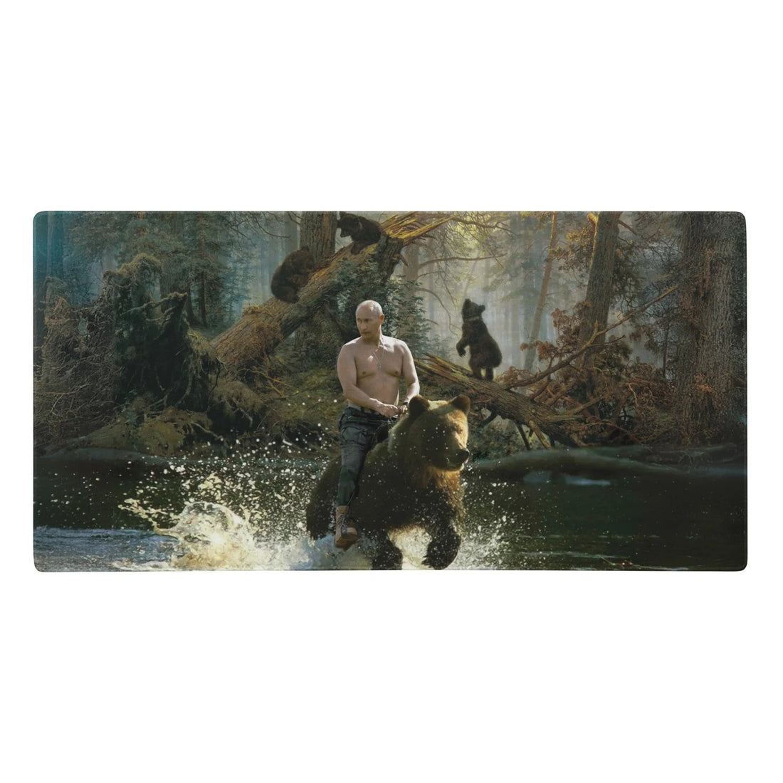 Blending 19th-century realism with internet meme culture, this surreal, painterly scene features a stoic, shirtless man riding a massive charging grizzly bear. Contact us with accessibility feedback, we'd love to help!