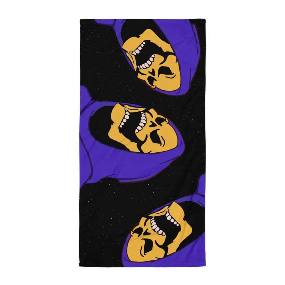 Skeletor Beach Towel in Galactic Violet & Gold. REACH Compliant, Zero-Wastewater Printing, Made-to-Order (Zero Overproduction).