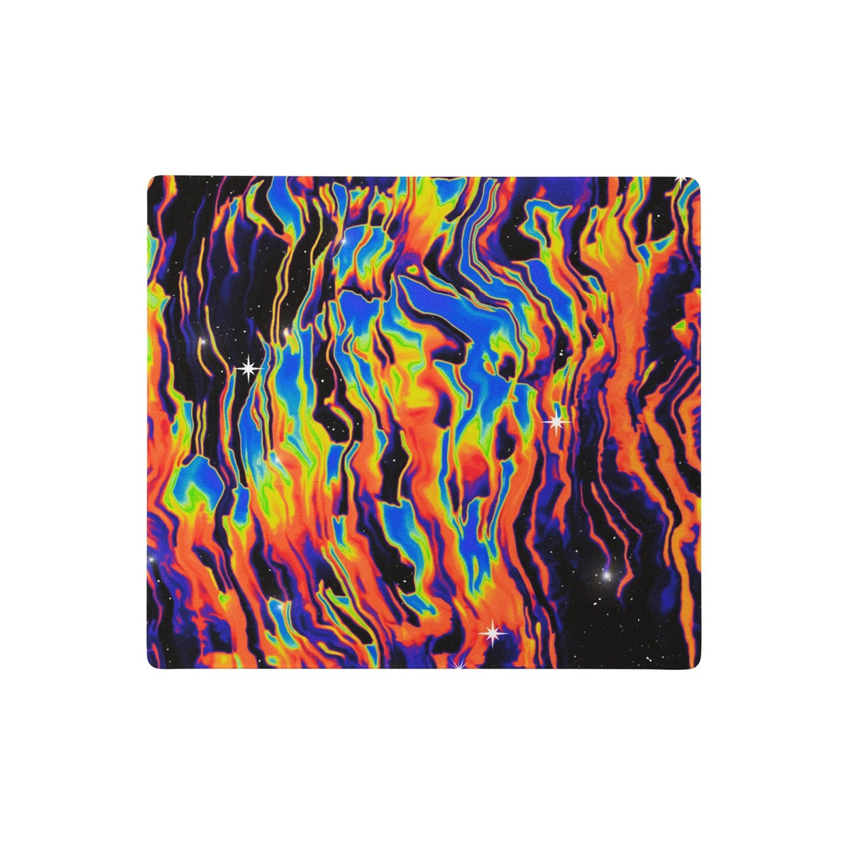 Space Drip Desk Mats - The violent transition between **void black (#050505)** space and the melting **magma orange (#FF4500)** thermal currents, bleeding into **electric sapphire blues (#0E4D92)** and flashes of **radioactive lime green (#32CD32)**