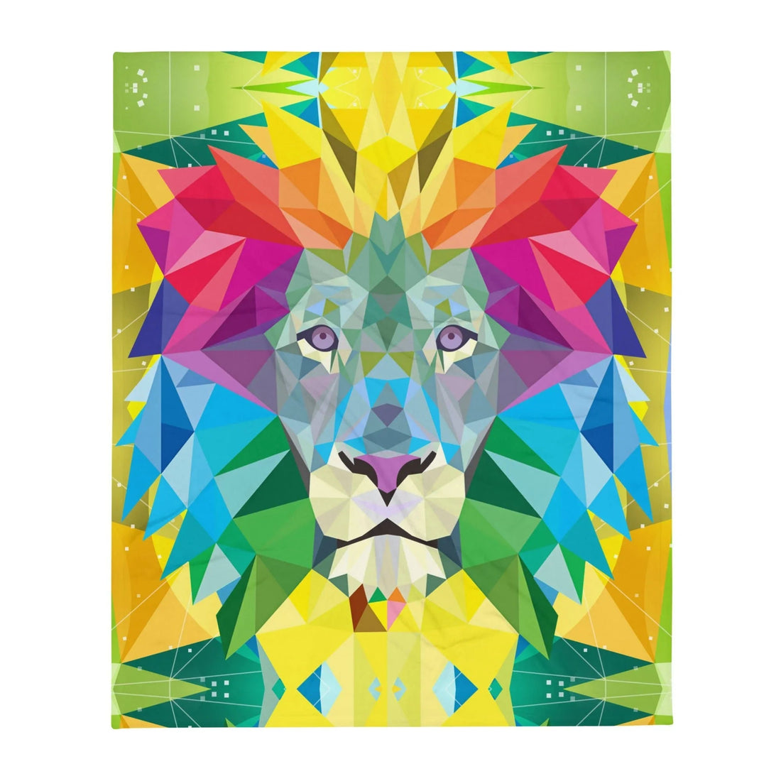 A majestic lion's head is rendered in a vibrant low-poly geometric style, composed of sharp tessellated triangles (mimicking stained glass or futuristic wireframes). Contact us with accessibility feedback, we'd love to help!