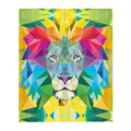 A majestic lion's head is rendered in a vibrant low-poly geometric style, composed of sharp tessellated triangles (mimicking stained glass or futuristic wireframes). Contact us with accessibility feedback, we'd love to help!